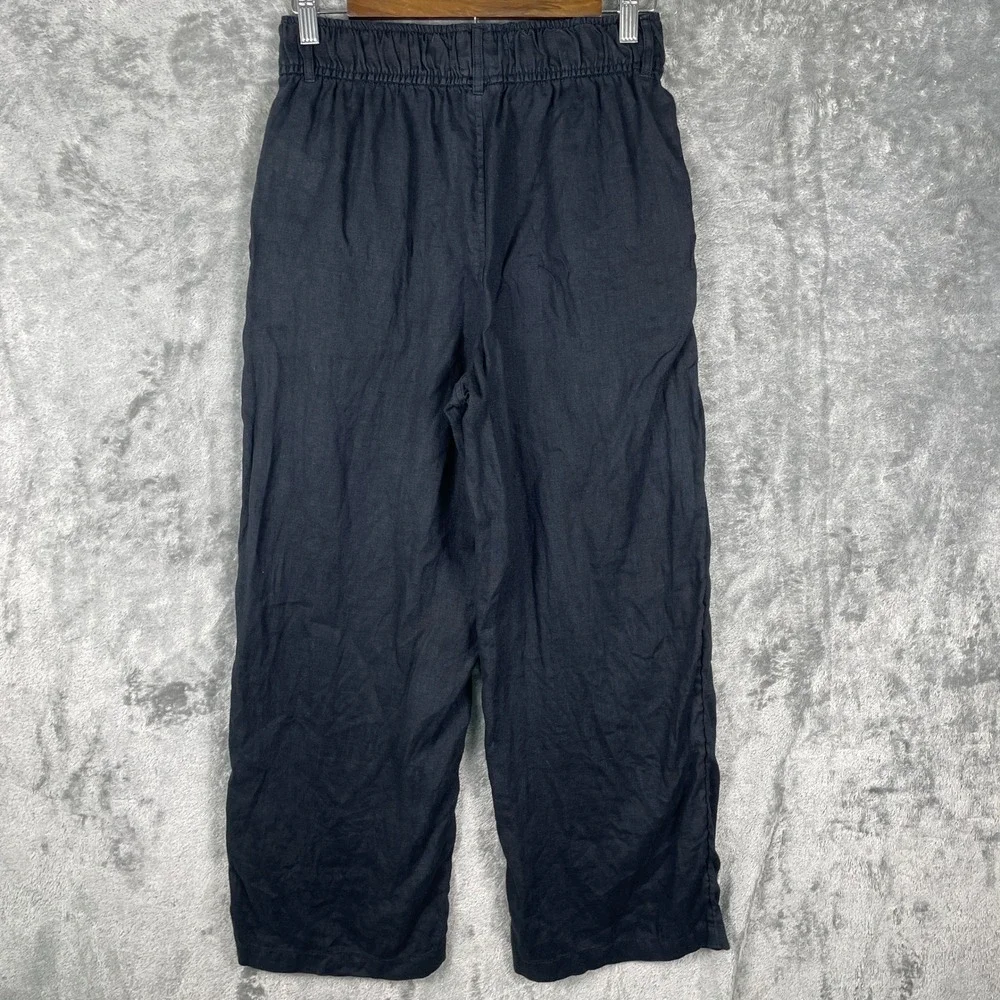 Tahari Linen Wide Leg Pants Womens Small Navy Blue Crop Elastic‎ Waist Lagenlook